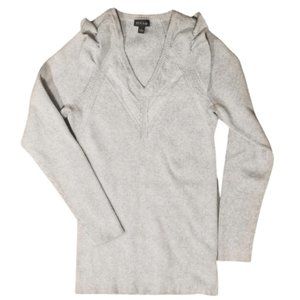 Torrid plus-size grey V-neck ribbed sweater with shoulder ruffles